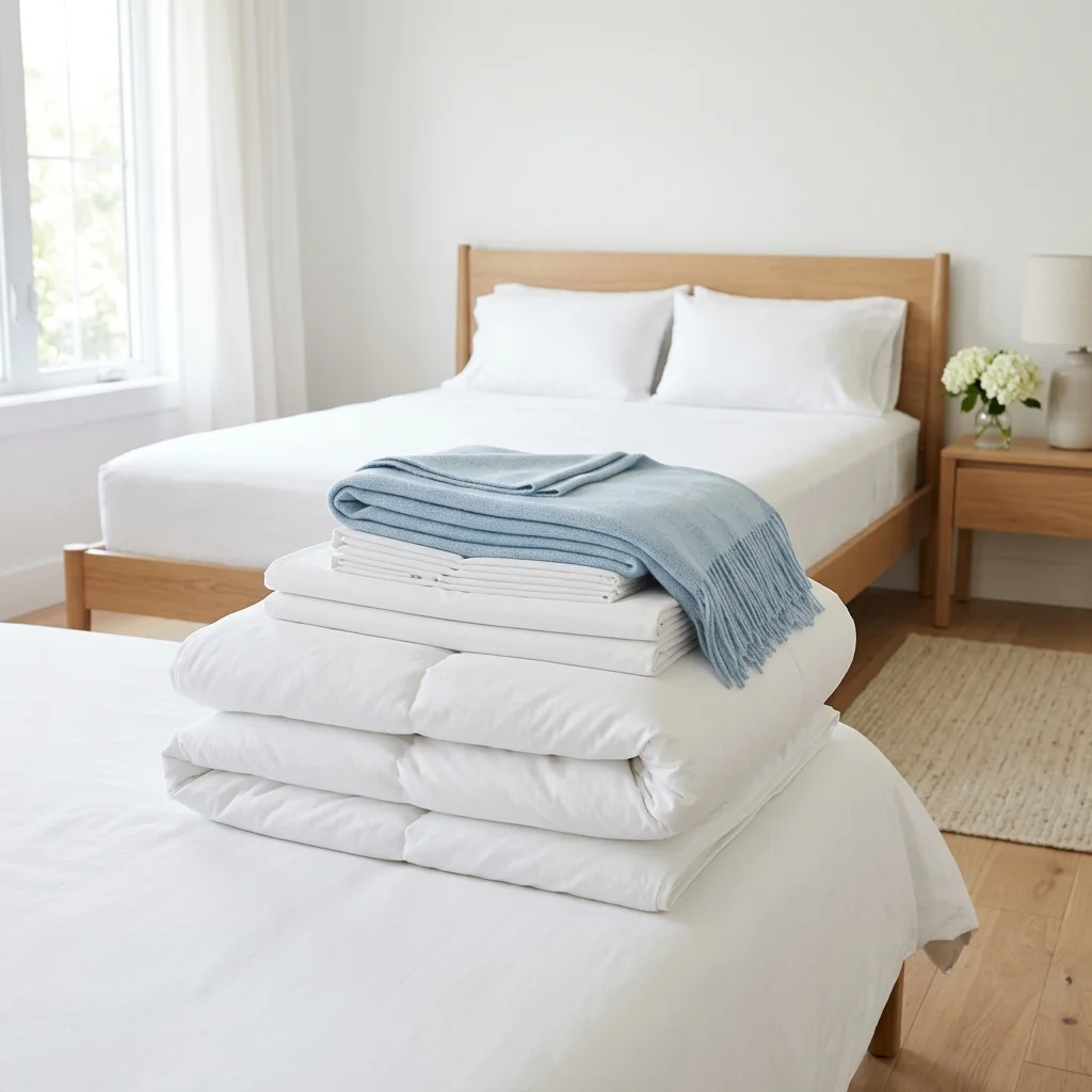 Clean folded bedsheets duvet and pillows