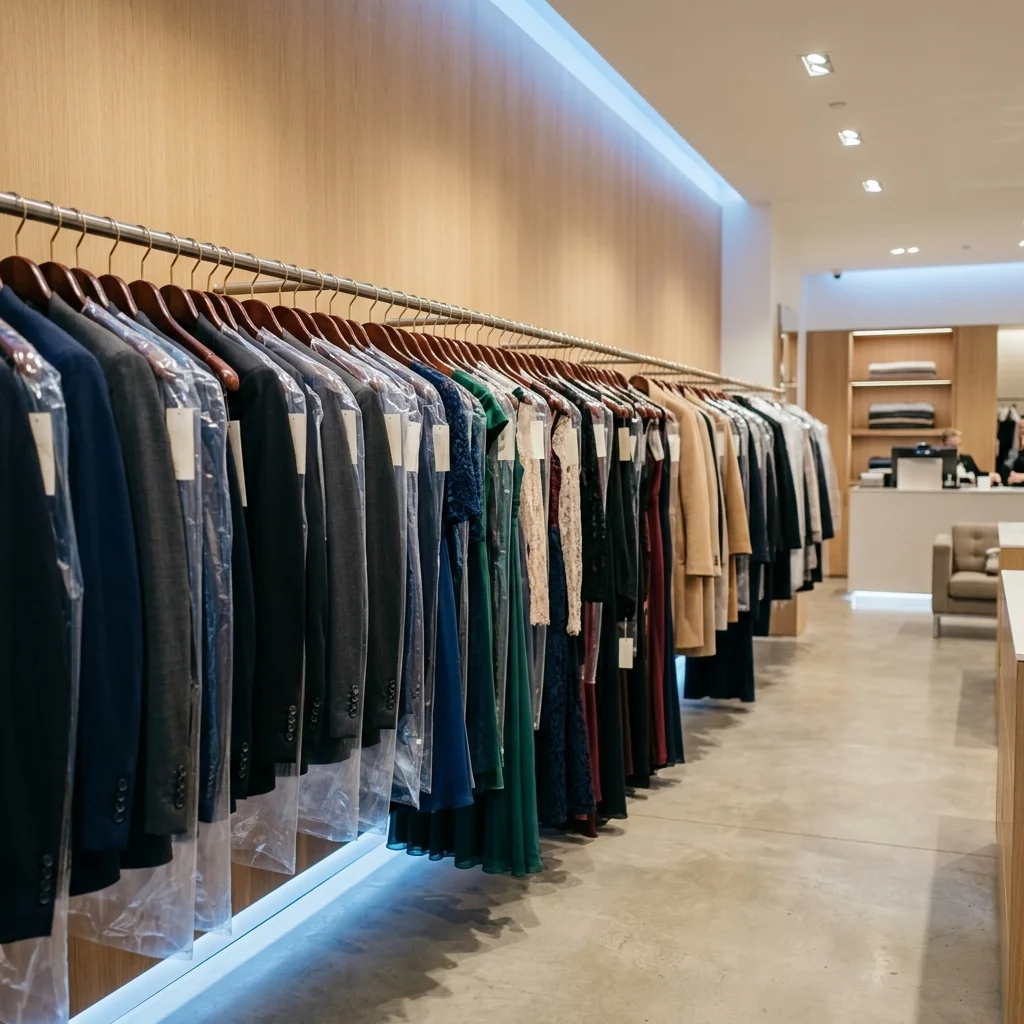 Dry cleaned suits and coats on luxury wooden hangers
