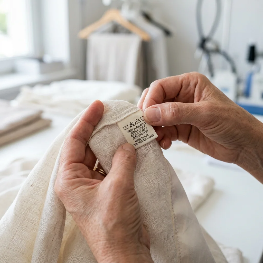 Hand inspecting delicate garment tag